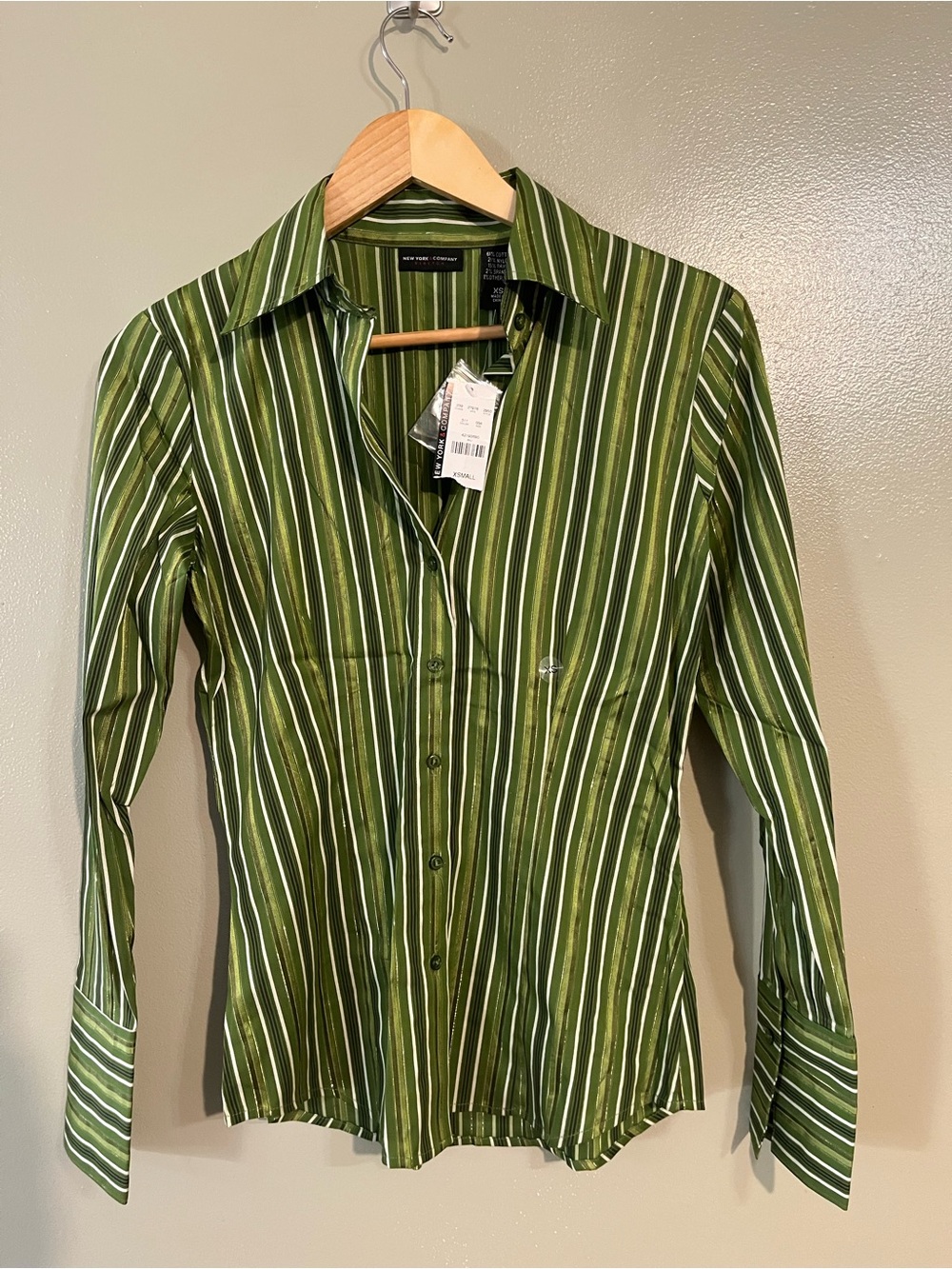 New York Company Y2K Green White Gold Vertical Stripe Button-Down Shirt XS NWT
